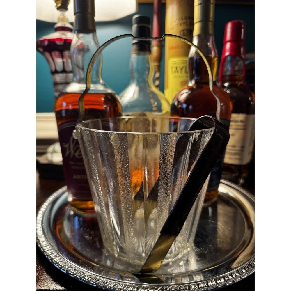 Vintage Ribbed Libby Ice Bucket‎ & Brass Tongs